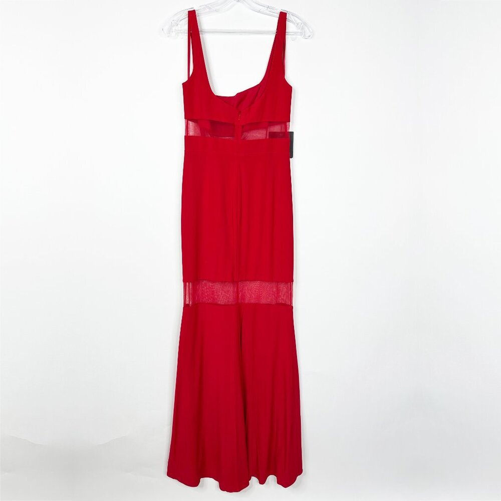 NWT Mac Duggal Sheer Mesh Panel Detail Column Gown Red 8 - Picture 5 of 8